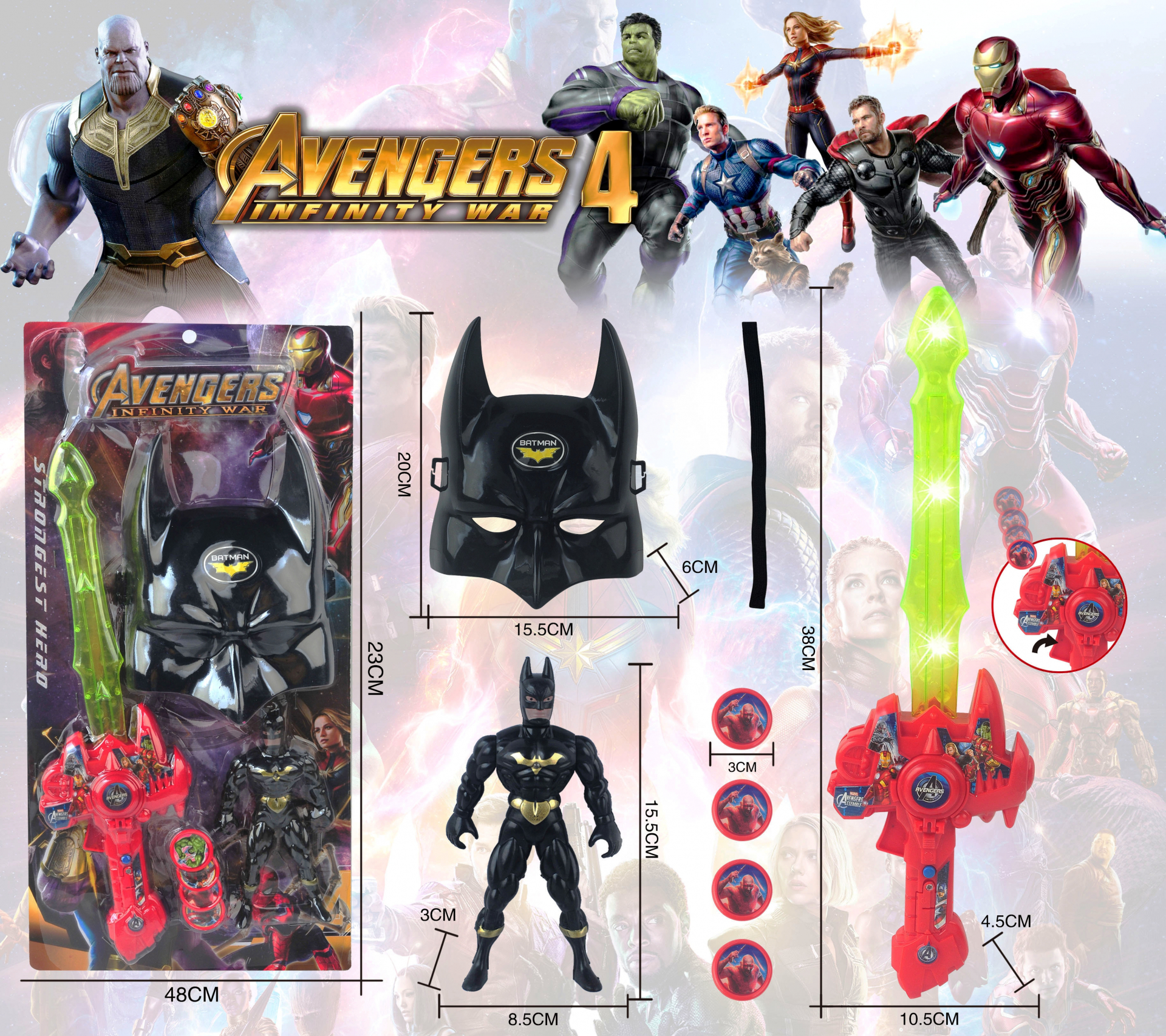 Фигура Черен супергерой с маска и светещ меч