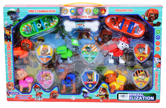 6 кученца със значки и скейборд