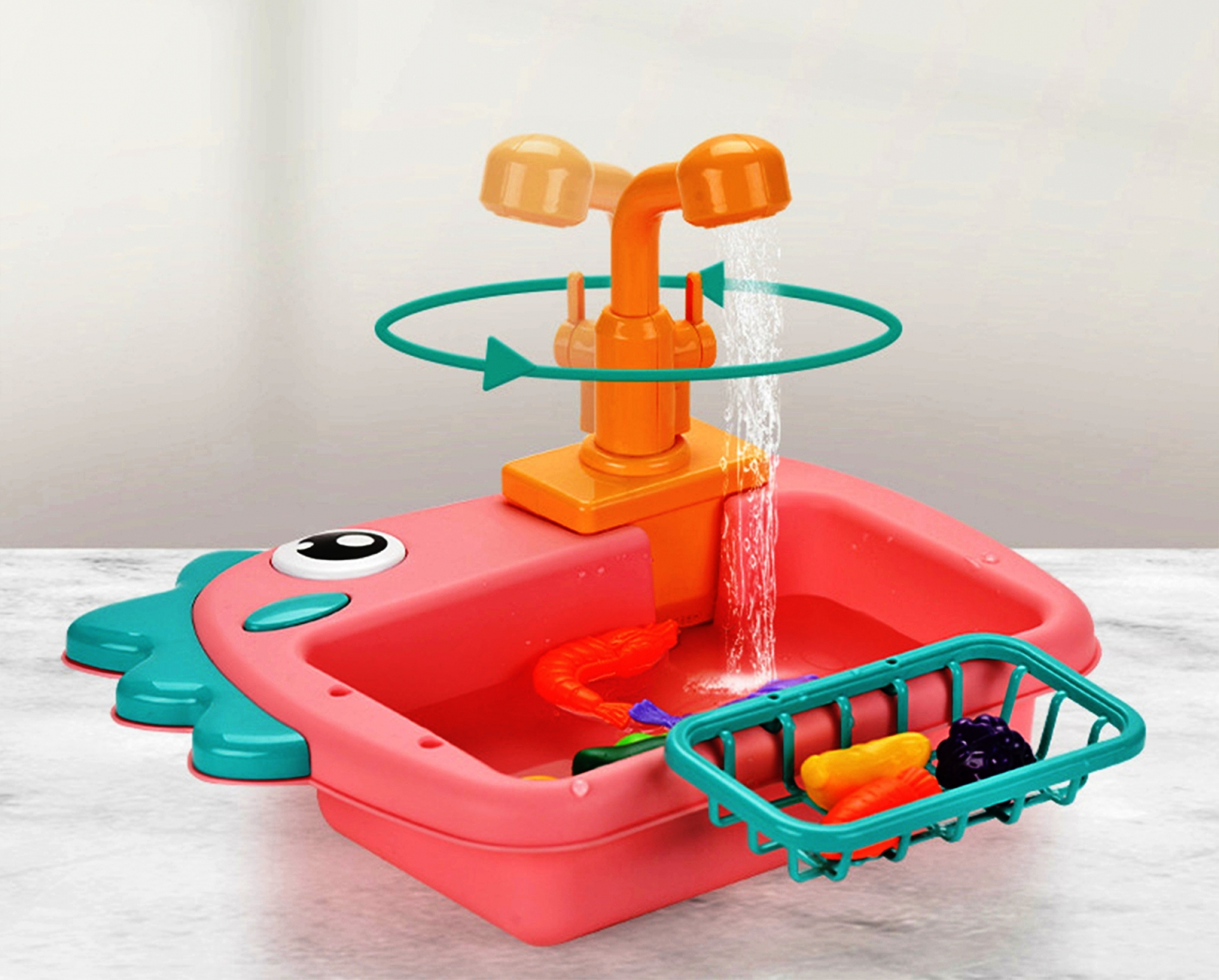 Мивка с течаща вода Дино, със сушилник, посуда и аксесоари, + ЗВУК, 4 цвята