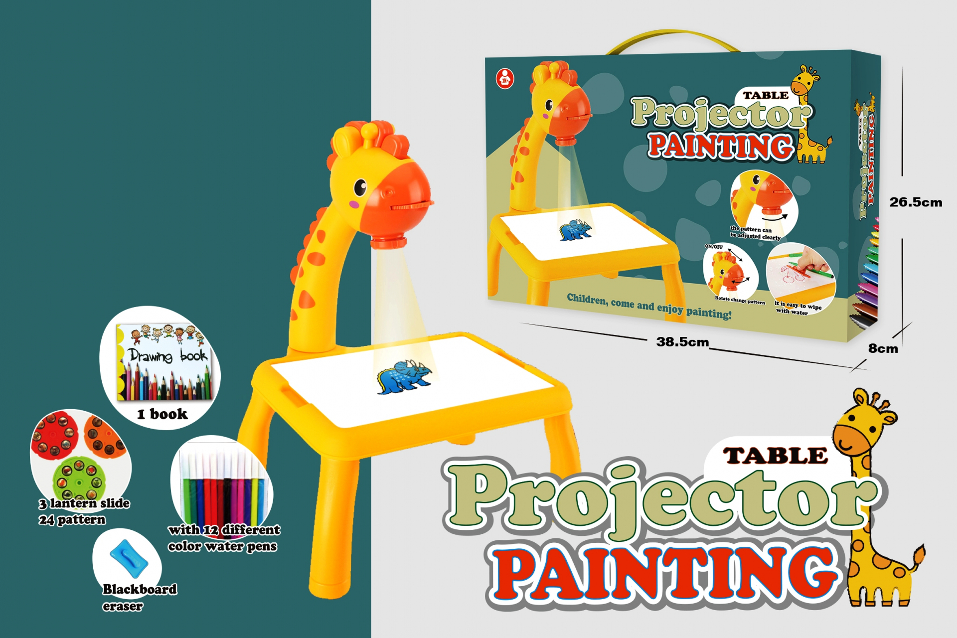 Дъска за рисуване и проектор Жираф с флумастери и блокче, Светлини