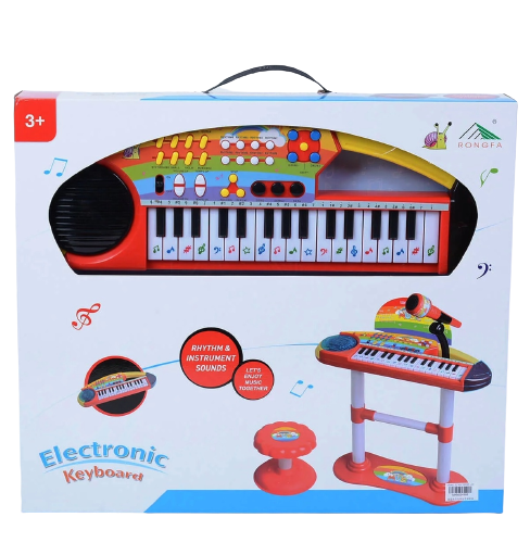 Пиано - Синтезатор на стойка с микрофон и столче, с вградена тонколона, 32 музикални клавиша и 32 функционални бутона