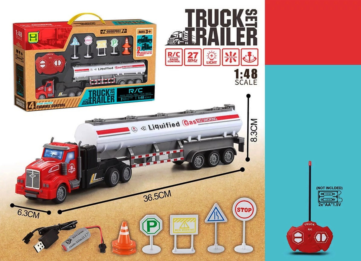 Цистерна с радиоконтрол в 4 посоки с акумулаторна батерия + пътни знаци + USB зареждане + светлини