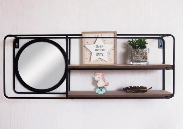 Метална етажрка за стена с огледало и два рафта, 50x10x19 см