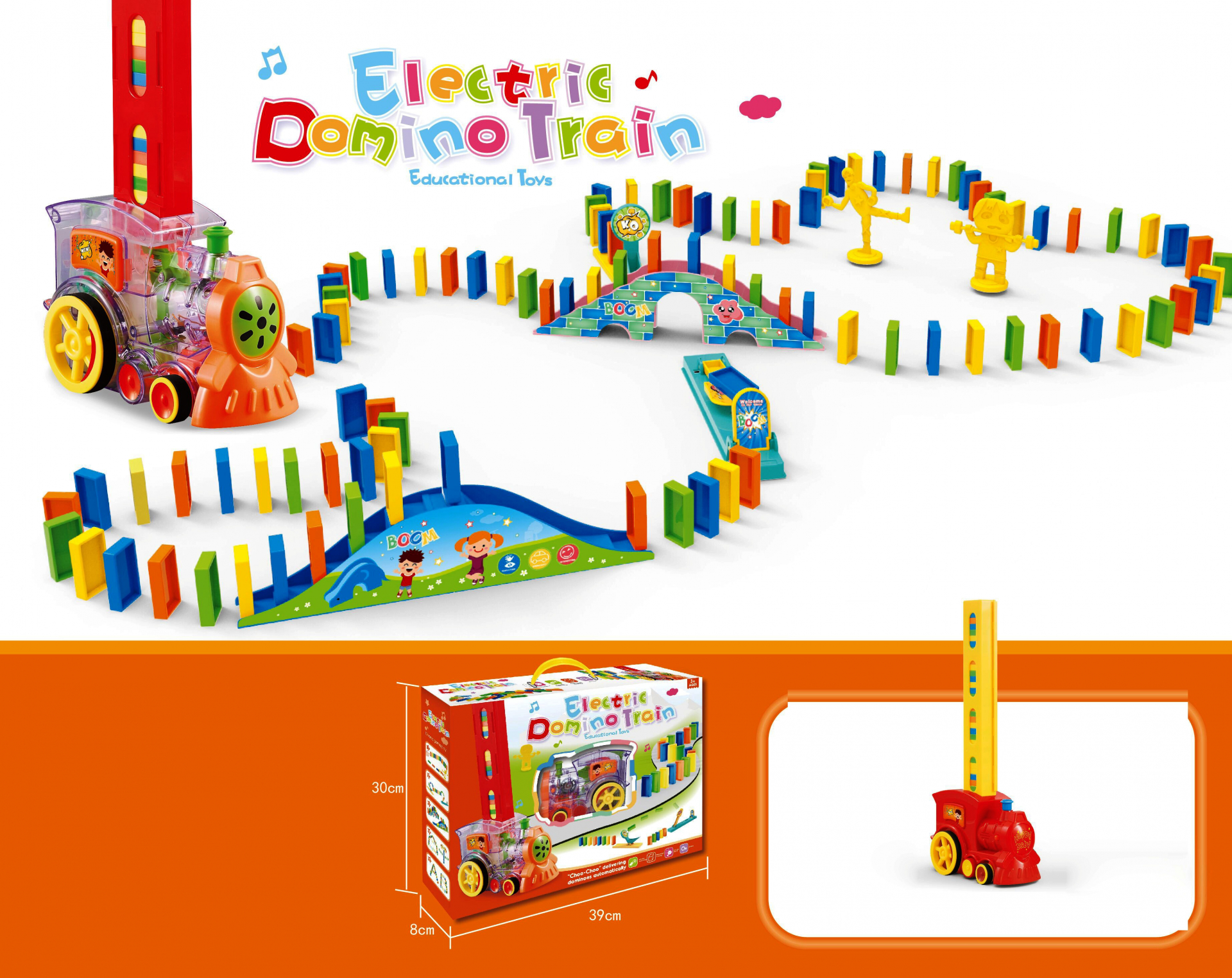 Влакче редящо домино със ЗВУК и СВЕТЛИНИ, 120 цветни домино кубчета