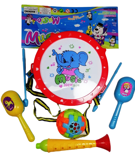 Комплкет барабанче с палки, тромпет, маракаси и топка-дрънкалка