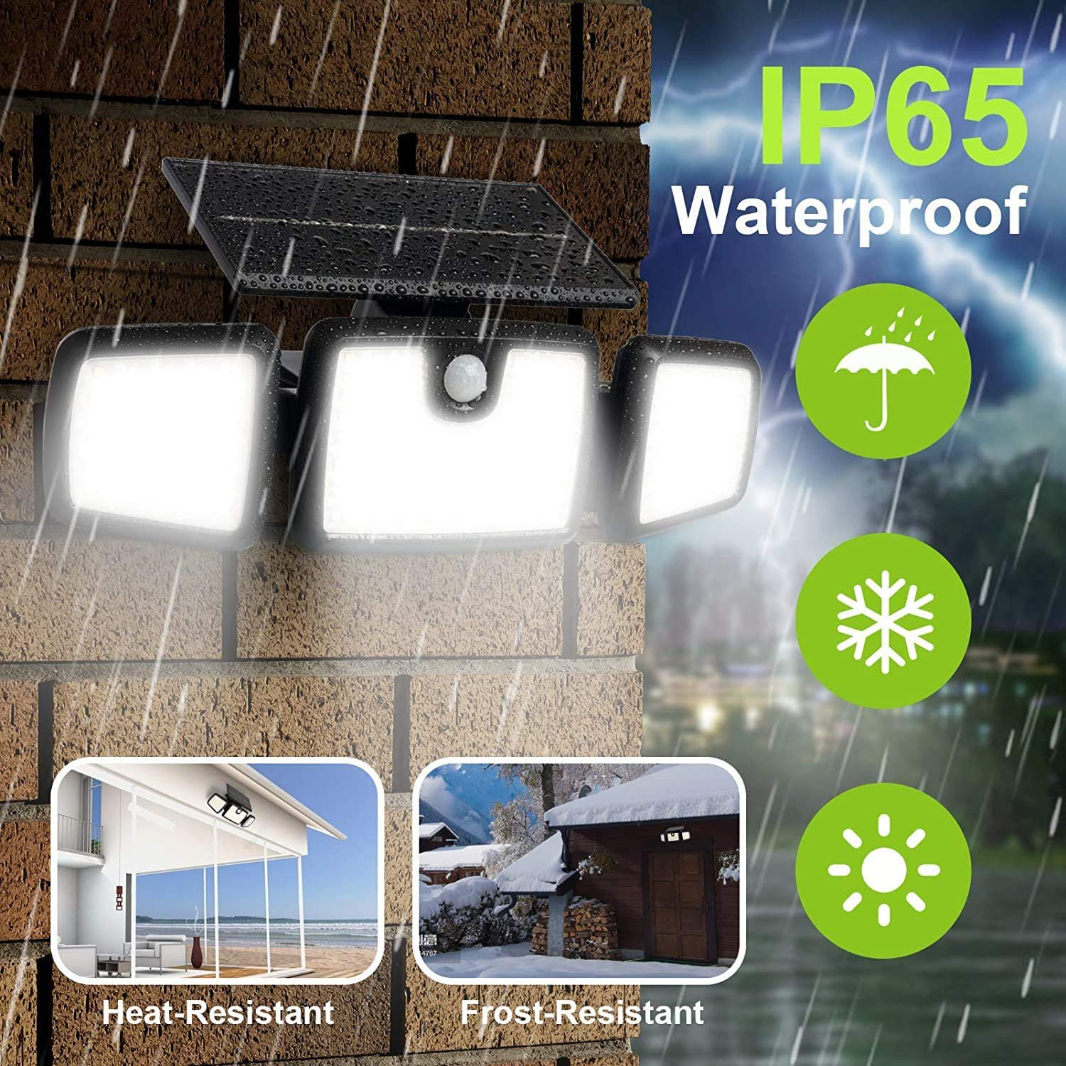 Соларна лампа със сензор, Регулируема, ВОДОУСТОЙЧИВА, 138 LED светодиода, 3 режима, 2400 mAh батерия, 3 източника на осветление, Черен | IGUANA.BG