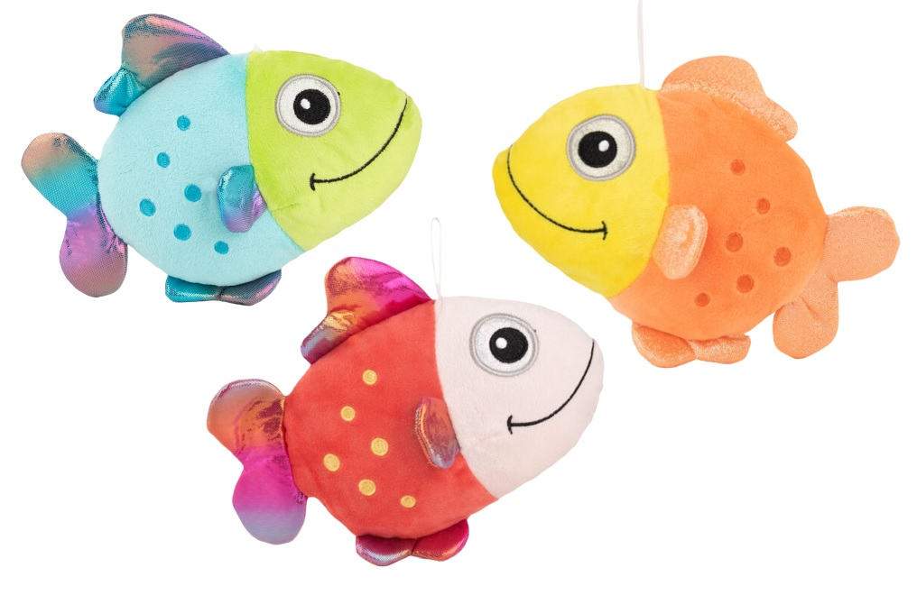 Цветна рибка с глитерни хриле и перка, три цвята, 19см