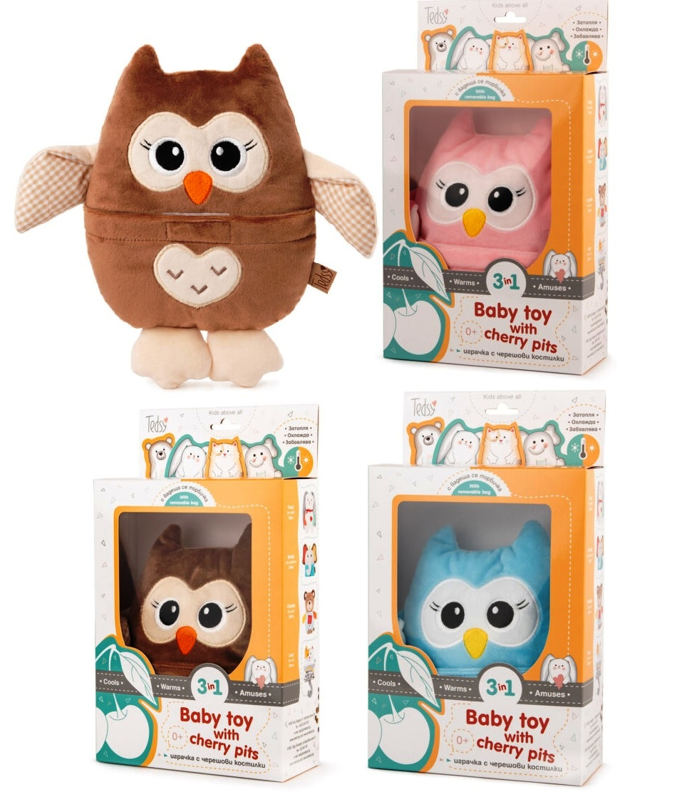 Бебешка плюшена играчка с черешови костилки Бухъл, Три цвята