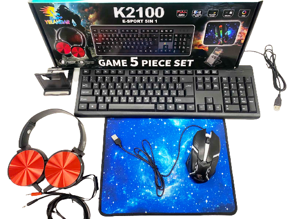 5в1 Геймърски КОМПЛЕКТ Клавиатура YELANDAR K2100 с мишка, поставка за телефон, подлошка + СЛУШАЛКИ