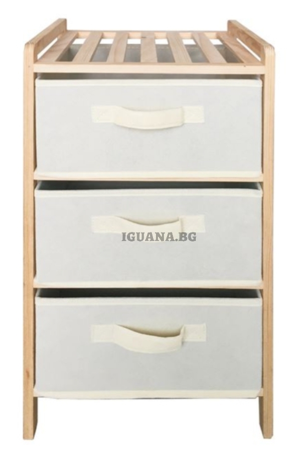 Дървено шкафче с 3 текстилни чекмеджета, 32х26х60см