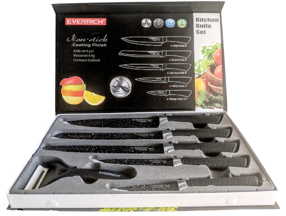 6в1 Комплект НОЖОВЕ с керамично покритие от висококачествена карбонова стомана, Everrich, 6 части, незалепващо покритие, черен