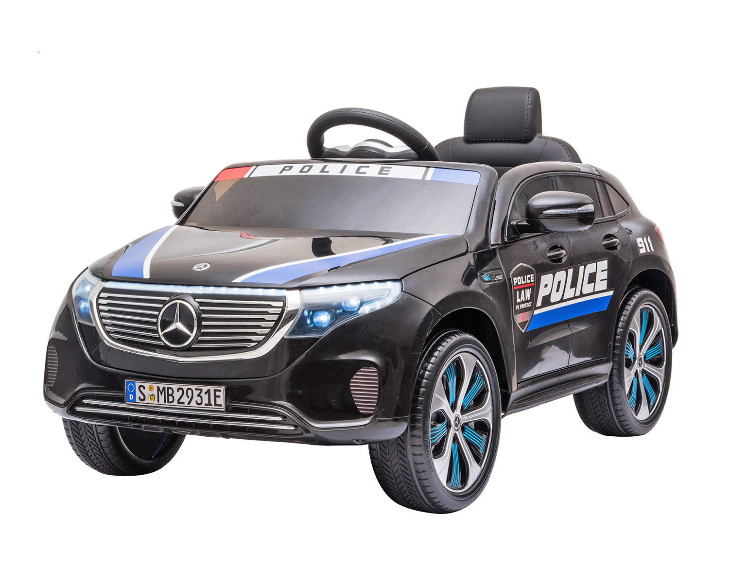 Лицензирана Акумулаторна кола Mercedes Benz EQC400 Police Черна, 12V, кожена седалка и LED светлини | Iguana.bg
