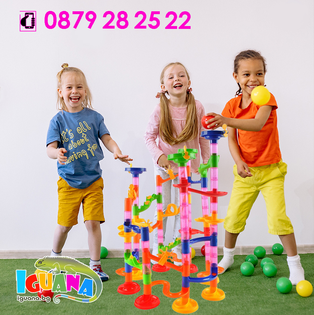 Конструктор цветна писта, пързалка с топчета, 105 Части - Iguana.bg