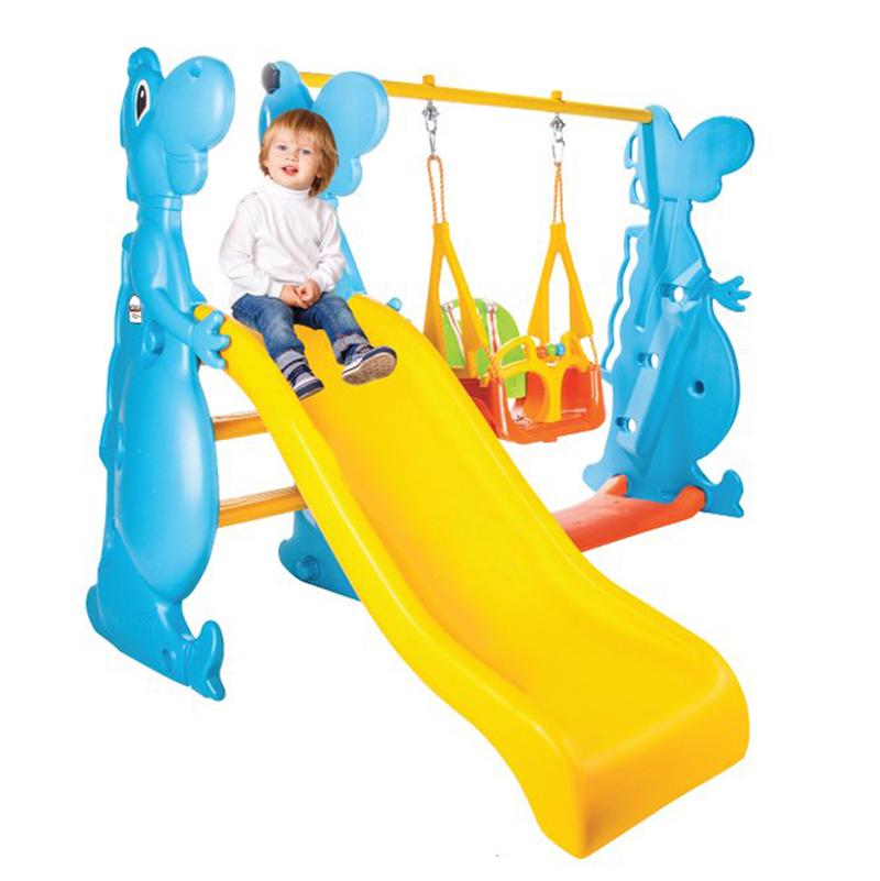 Детска Пързалка с люлка Dino Жълта, за деца до 35кг, дължина на улея 123см | Iguana.bg