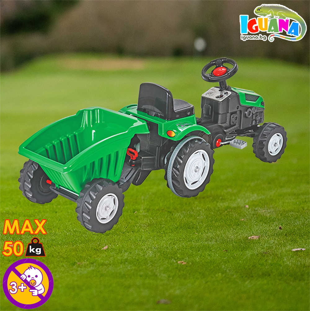 Детски трактор с педали Active с ремарке, Зелен, до 50кг | Iguana.bg