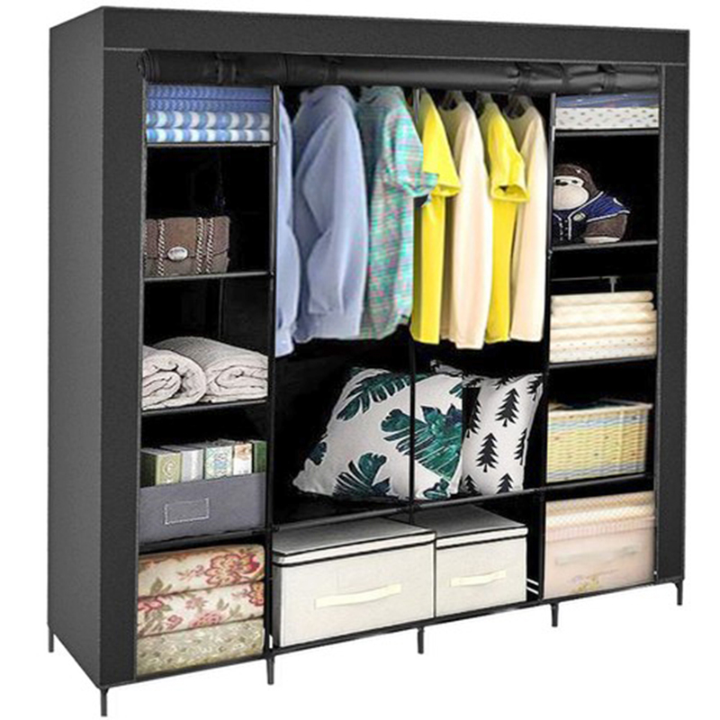 Сгъваем текстилен гардероб с 14 рафта и 2 закачалки 170х170х42см, Черен | Iguana.bg