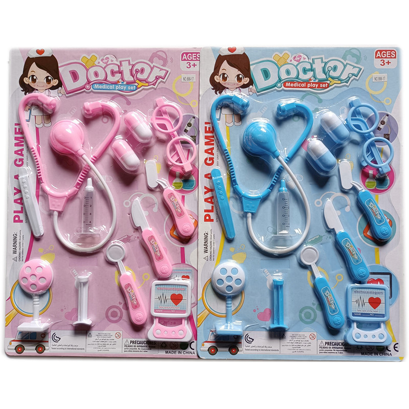 Детски Медицински комплект, очила, пинсети, спринцовка, слушалки, таблетки и др., на картон, 2 цвята
