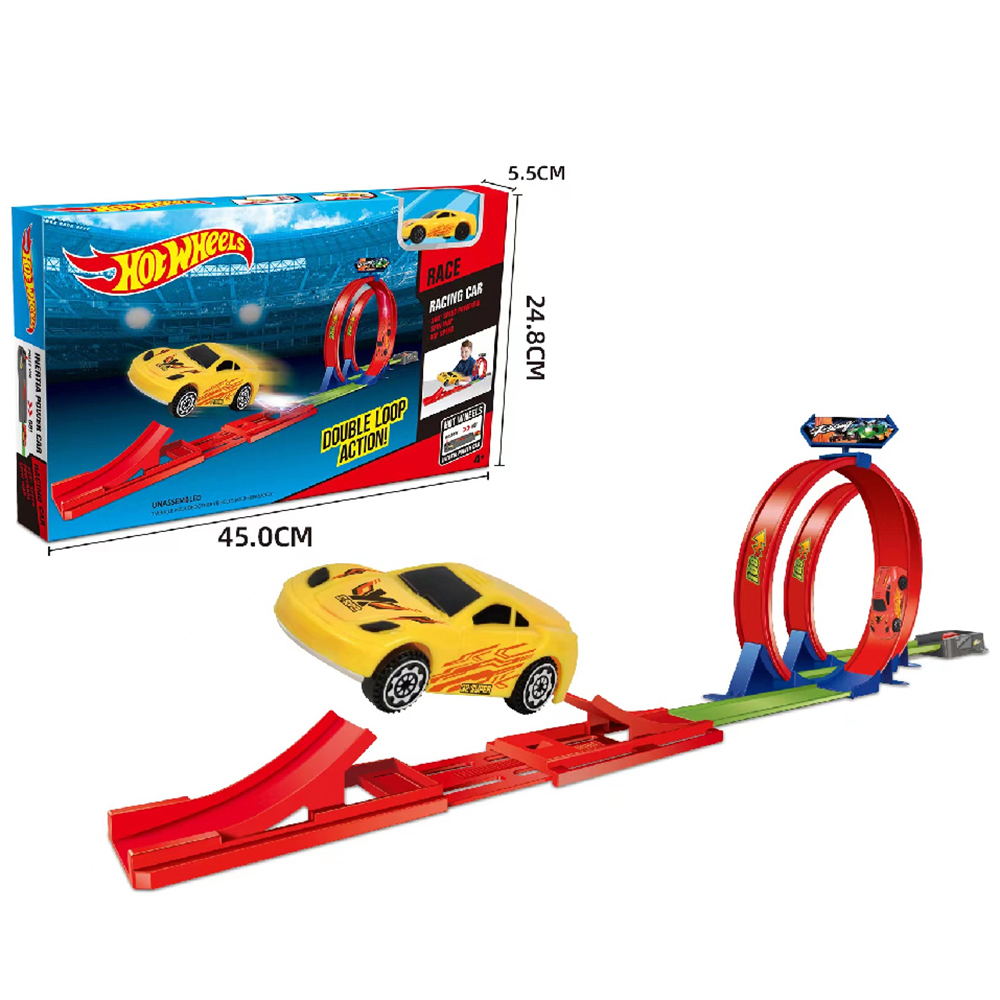 Състезателна писта с двоен лупинг, платформа за отскачане и метална количка HW