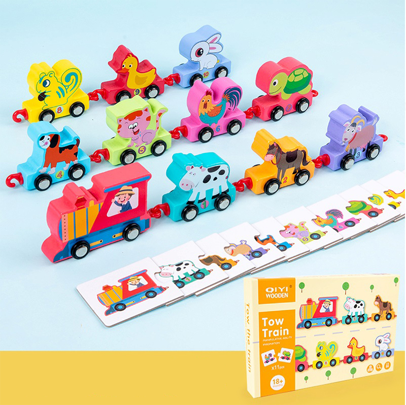 Дървени локомотив и 10 вагона с животни и карти тип пъзел