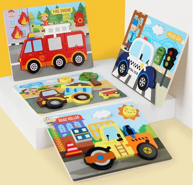 Детски дървен пъзел с различни видове превозни средства