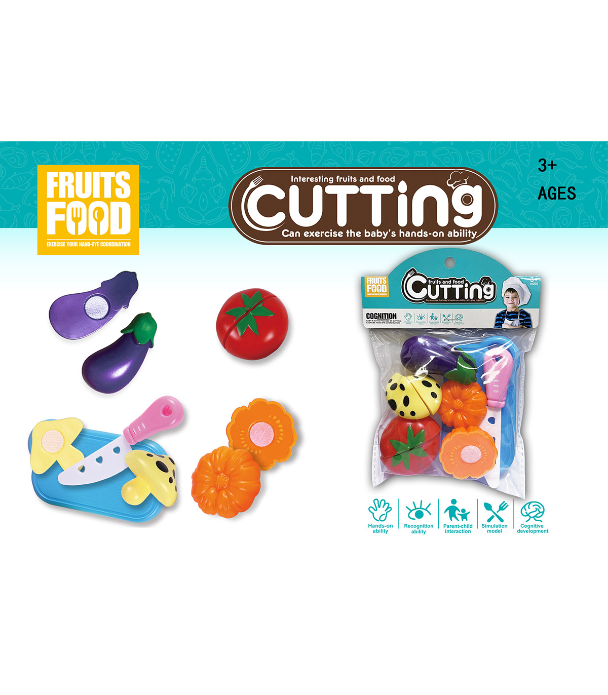 Детски комплект за рязане, 4 зеленчука, ножче и дъска