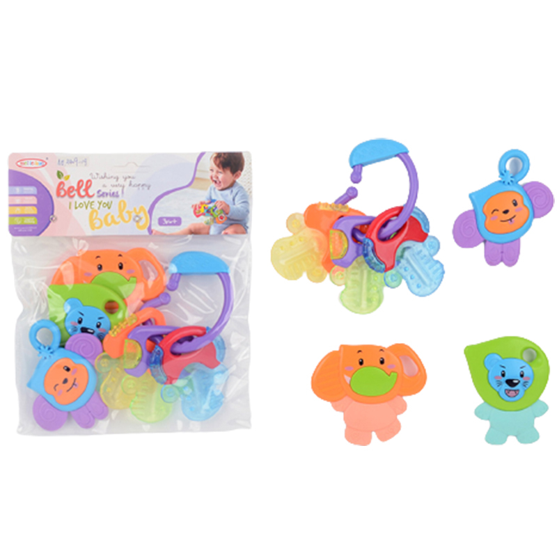 Комплект от 4 бебешки дрънкалки с чесалки и ринг-ключодържател с 3 ключа
