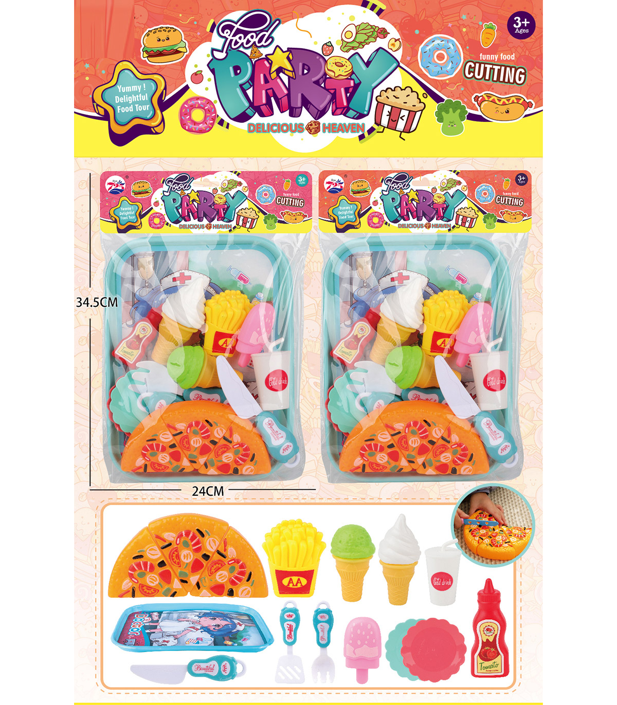 Детски игрален комплект Пица за рязане с храни, ножче, табла и прибори