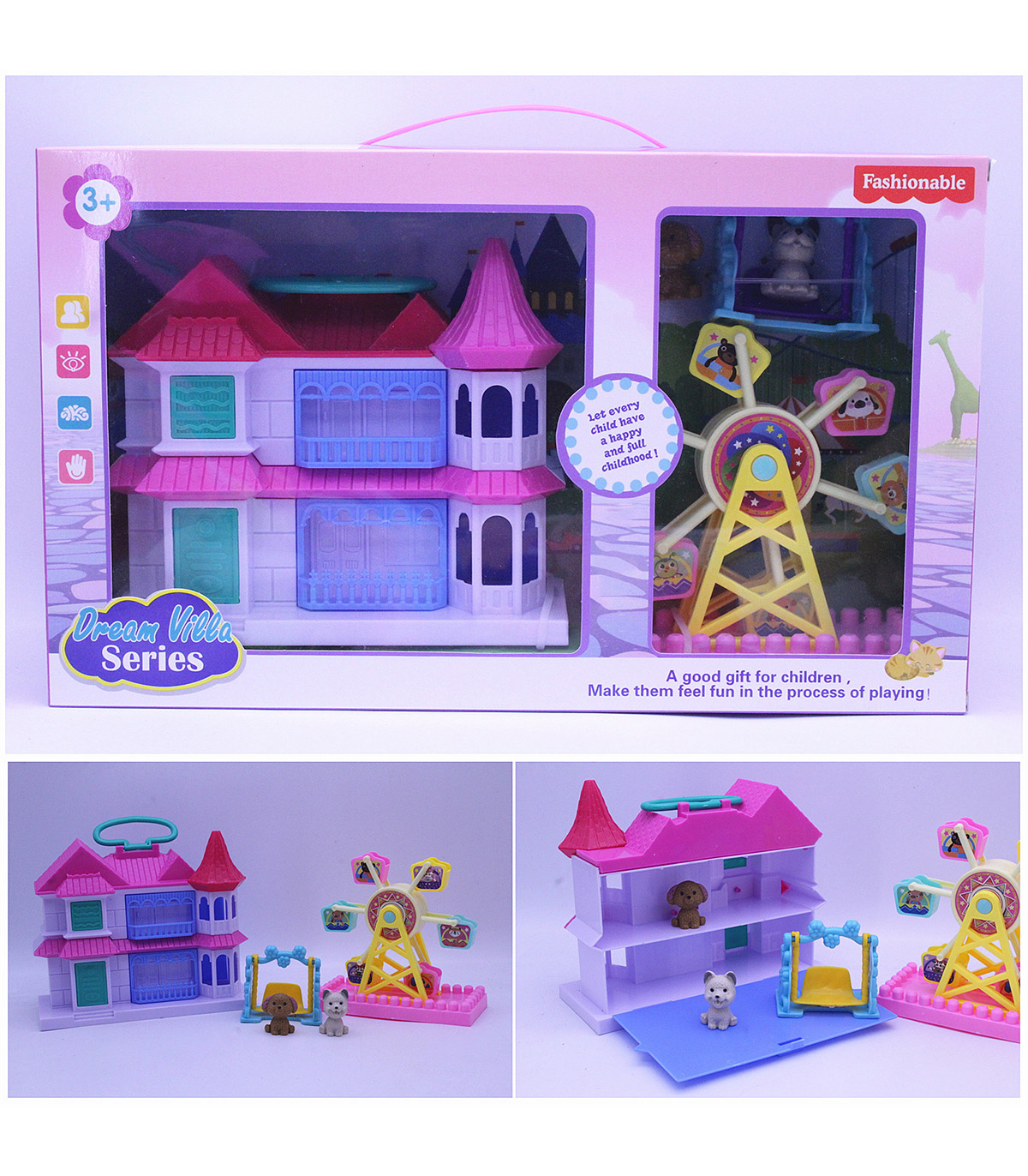 Детски замък с виенско колело, люлка и две сладки малки кученца