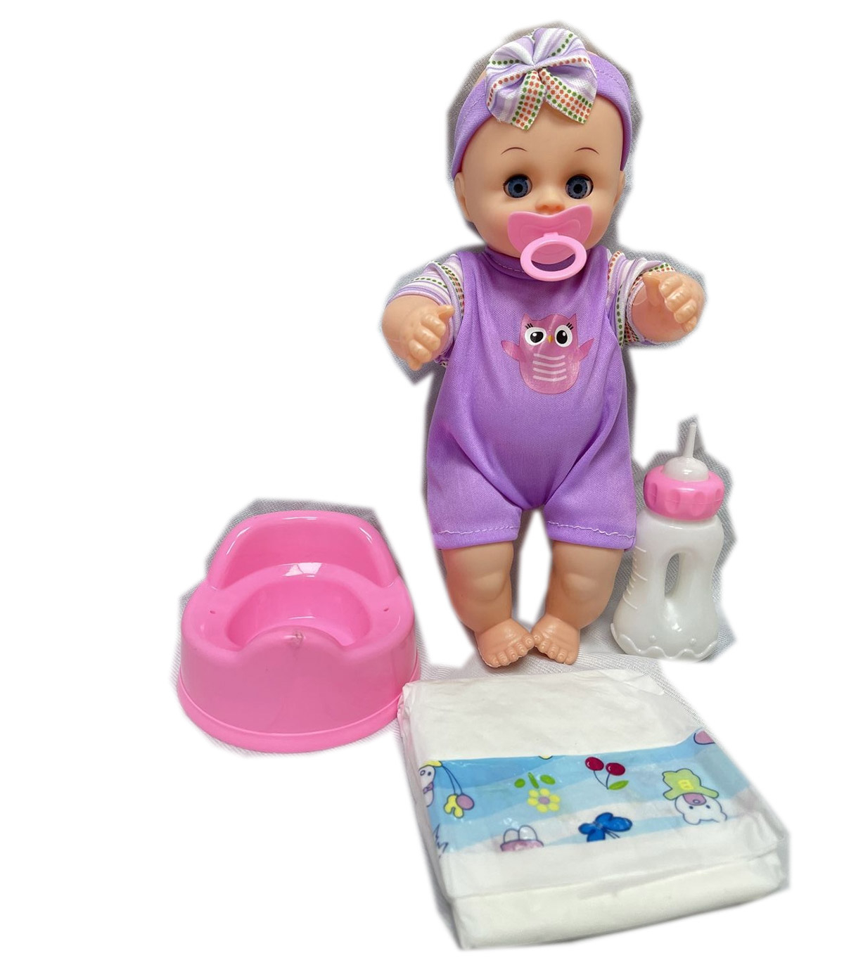 Детски комплект Пишкащо бебе, биберон, шише, гърне и памперс, 27см