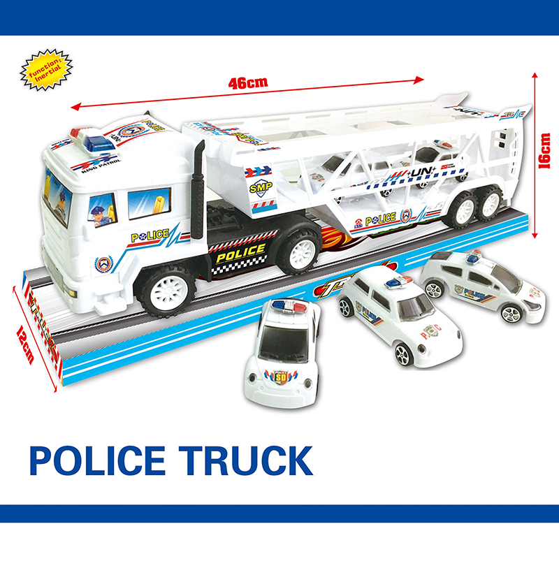 Полицейски автовоз с 5 колички патрулки и отваряем заден капак, инерционен механизъм