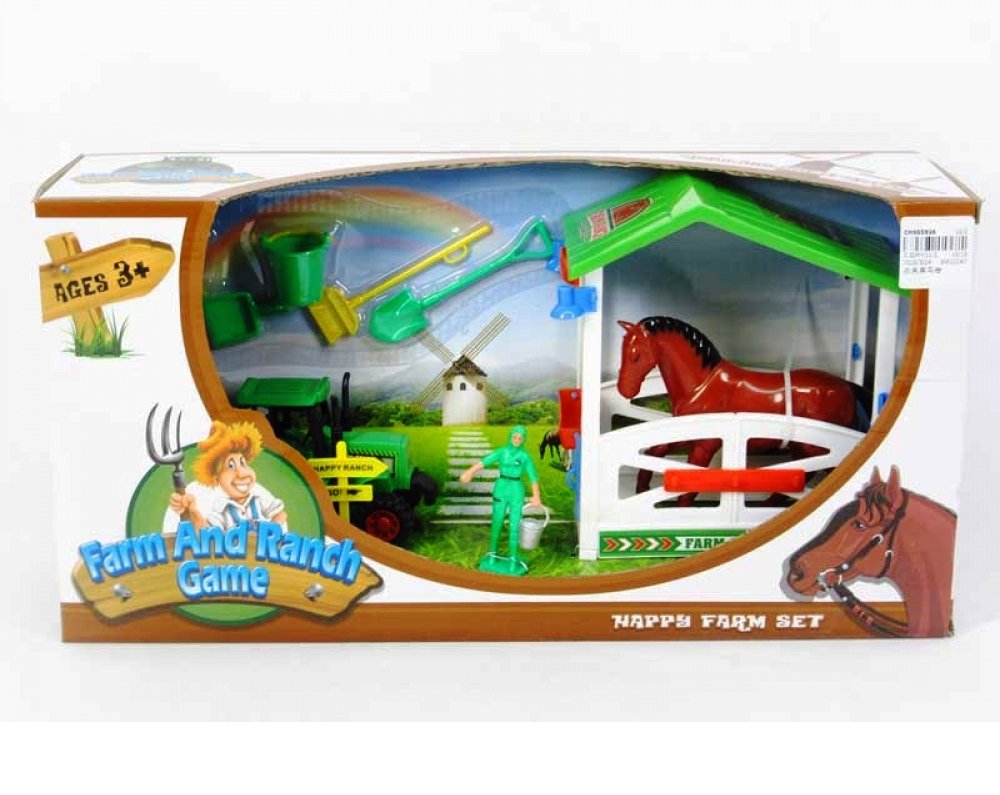 Ферма с кон в конюшна, фермер, трактор и градински инструменти, детско ранчо