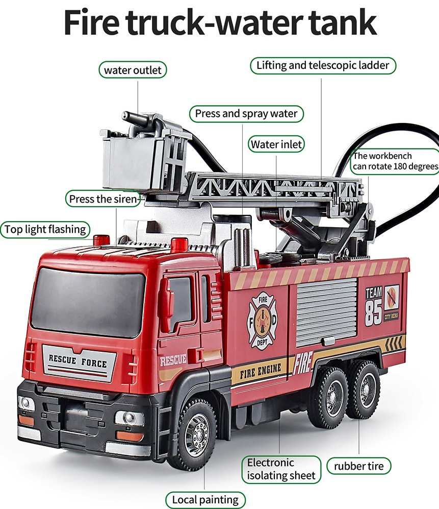 РЕАЛИСТИЧНА Пожарна с вода, подвижна стълба, pull back механизъм, ЗВУК И СВЕТЛИНИ