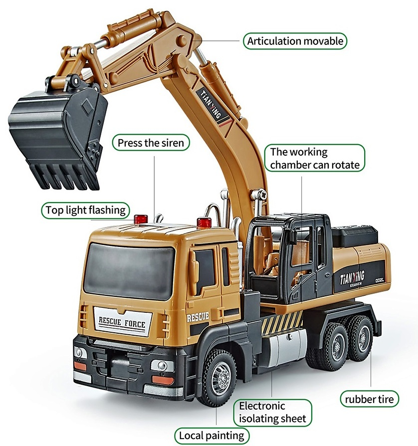 РЕАЛИСТИЧЕН Камион с багер с въртяща се платформа с подвижни стрела, рамо и кофа, pull back механизъм, ЗВУК И СВЕТЛИНИ