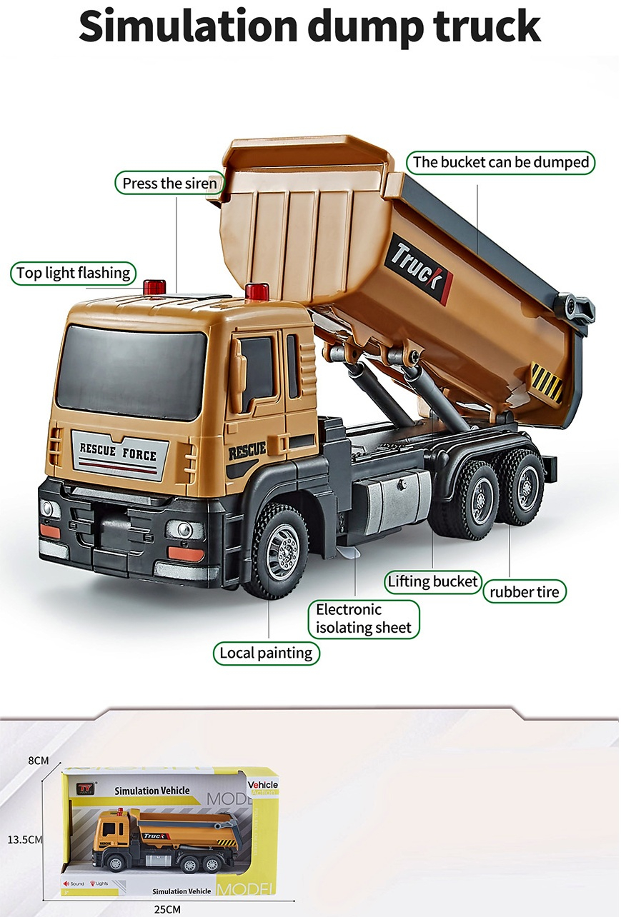 РЕАЛИСТИЧЕН Самосвал с повдигаща се каросерия с отваряем заден капак, pull back механизъм, ЗВУК И СВЕТЛИНИ + пликче с "камъни"