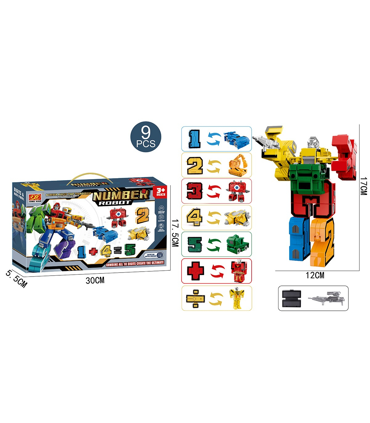 Трансформър робот с цифри и знаци, 9 части