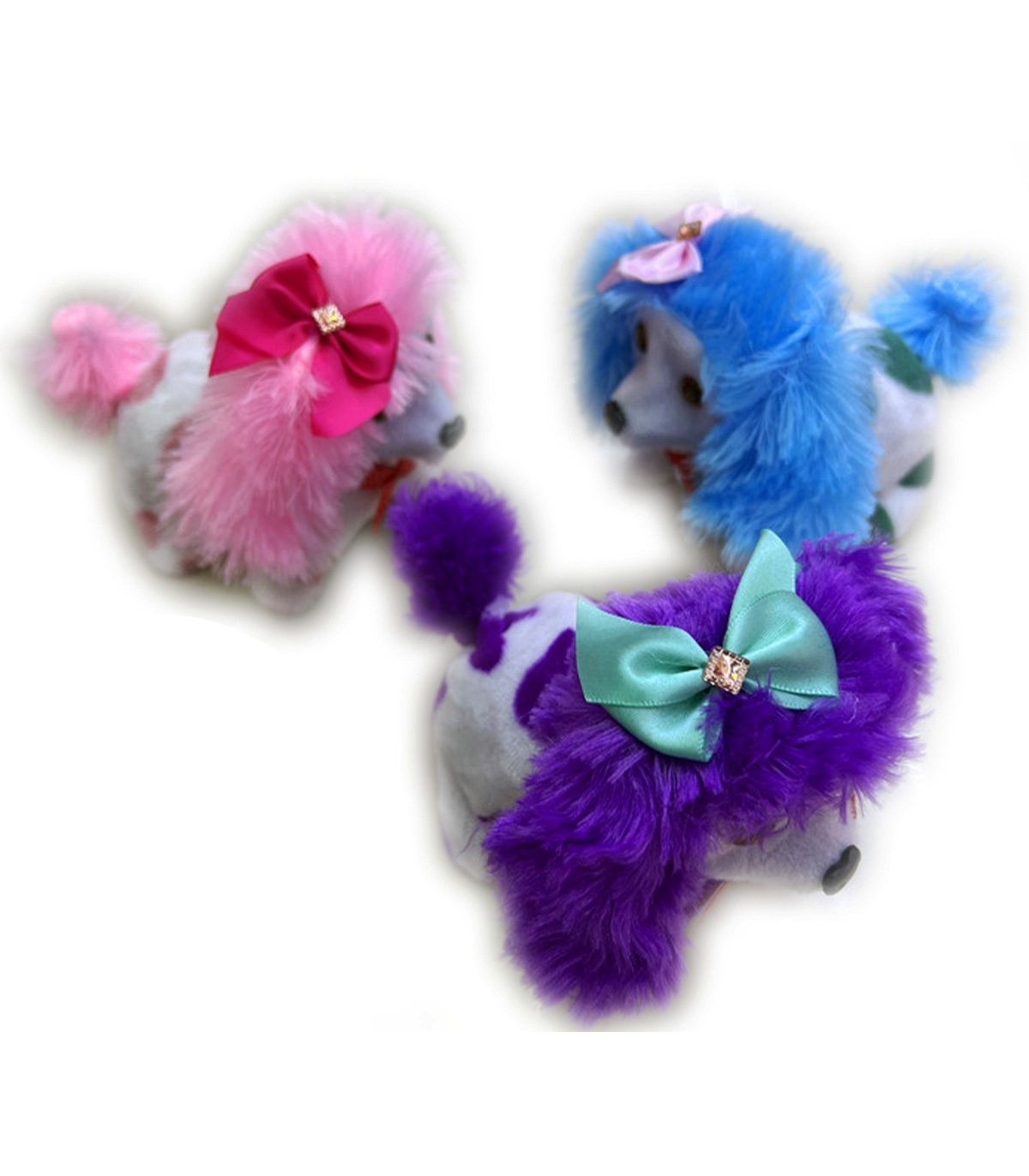 Ходещо плюшено кученце Пудел със светещи очи и панделка, 4 цвята, със ЗВУК