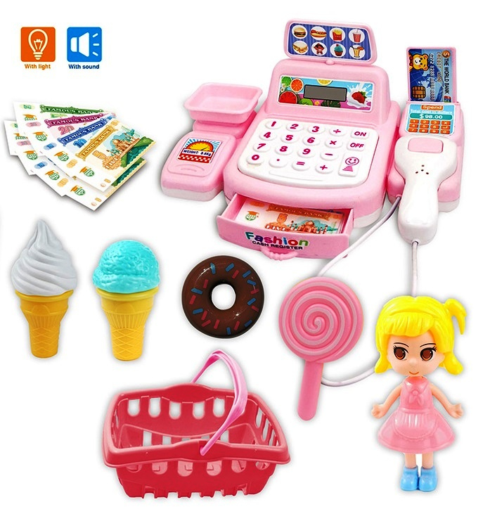Касов апарат с кошница, кукла и аксесоари, със Звук и Светлини