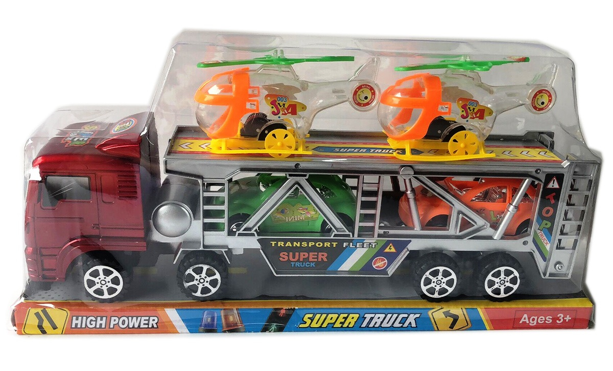 Двуетажен автовоз с два хеликоптера две колички и отваряем заден капак