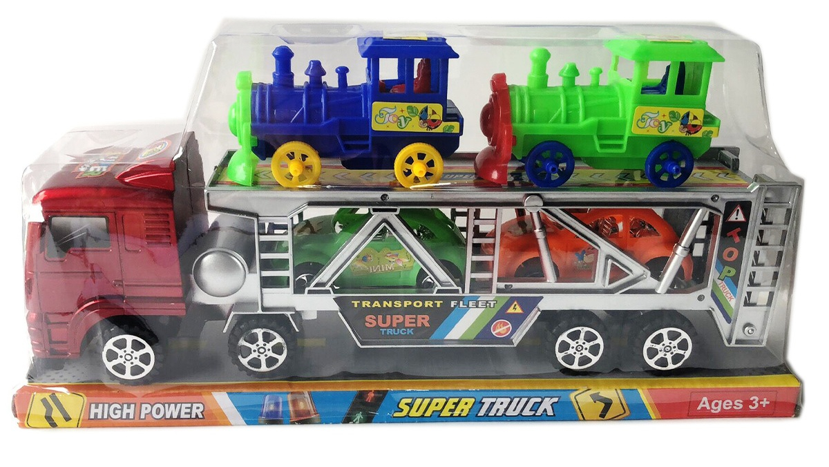 Автовоз с две шарени локомотивчета, две колички и отваряем заден капак