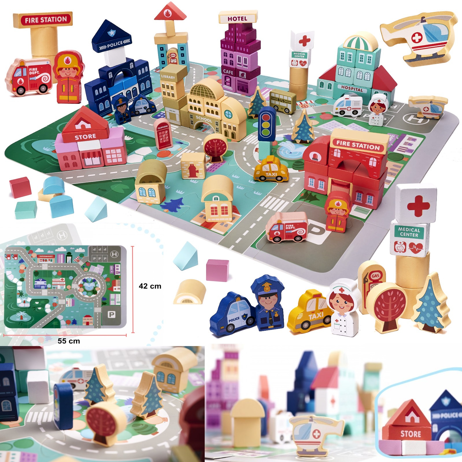 Дървен конструктор град 100 части с постелка пъзел в чанта