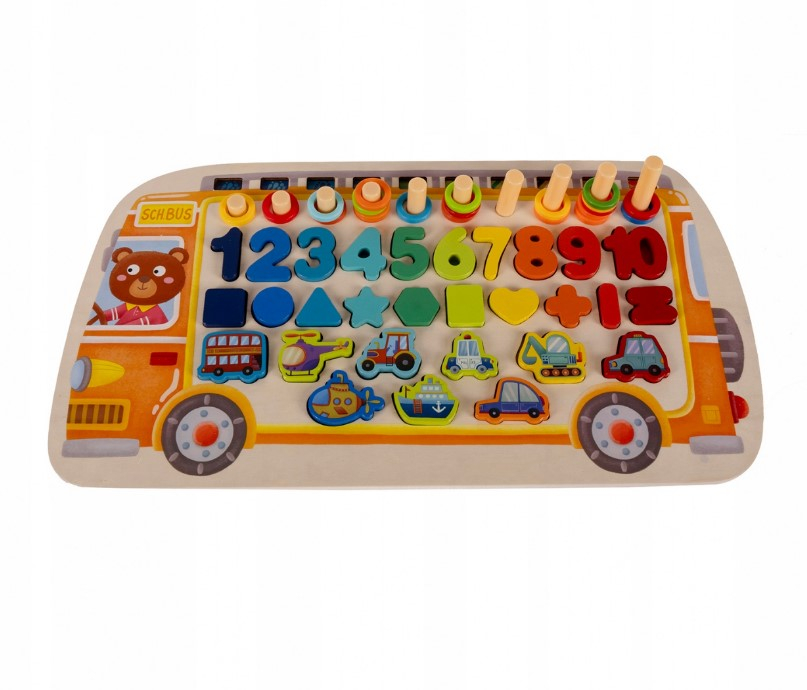 Образователна Дървена Монтесори Игра 6в1 с Риболов, Цифри, Математически знаци, Превозни средства, 7в1 Пъзел мозайка с топчета