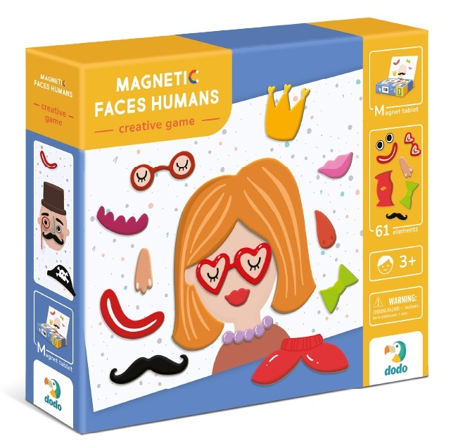 Магнитна игра Човешки Лица, 61 елемента, настолна образователна игра с магнитна дъска, DODO