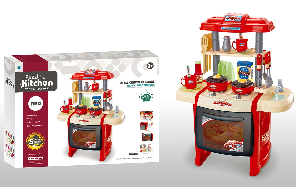 ГОЛЯМА Червена кухня с течаща вода, аксесоари и стикери, със Звук