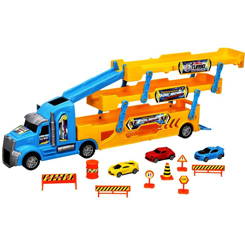 Голям Автовоз на 3 нива с 3 коли и пътни знаци, камион с писта през кабината