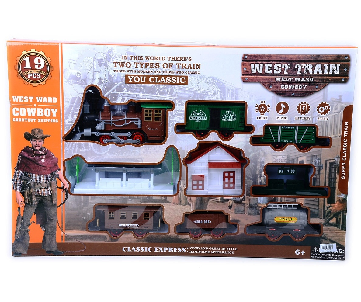 Голям влак с гара, спирка и 5 вагона, Звук и Светлина, 19 части, КАУБОЙ