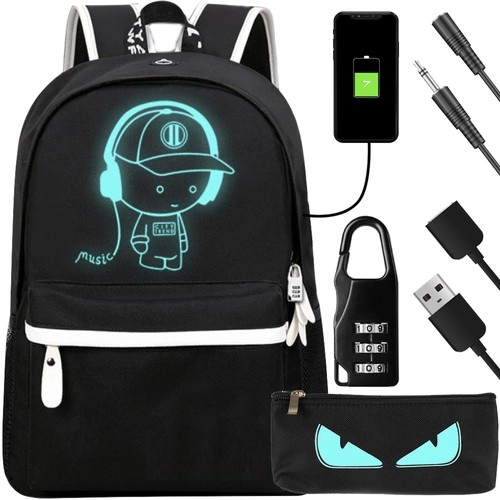 Светеща USB раница, водоустойчива, катинар, несесер и кабели