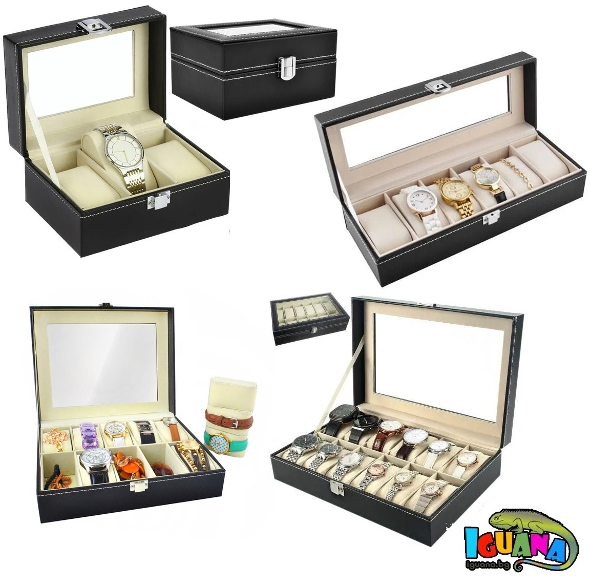 Луксозна кутия за съхранение часовници, гривни, от еко кожа, четири големини