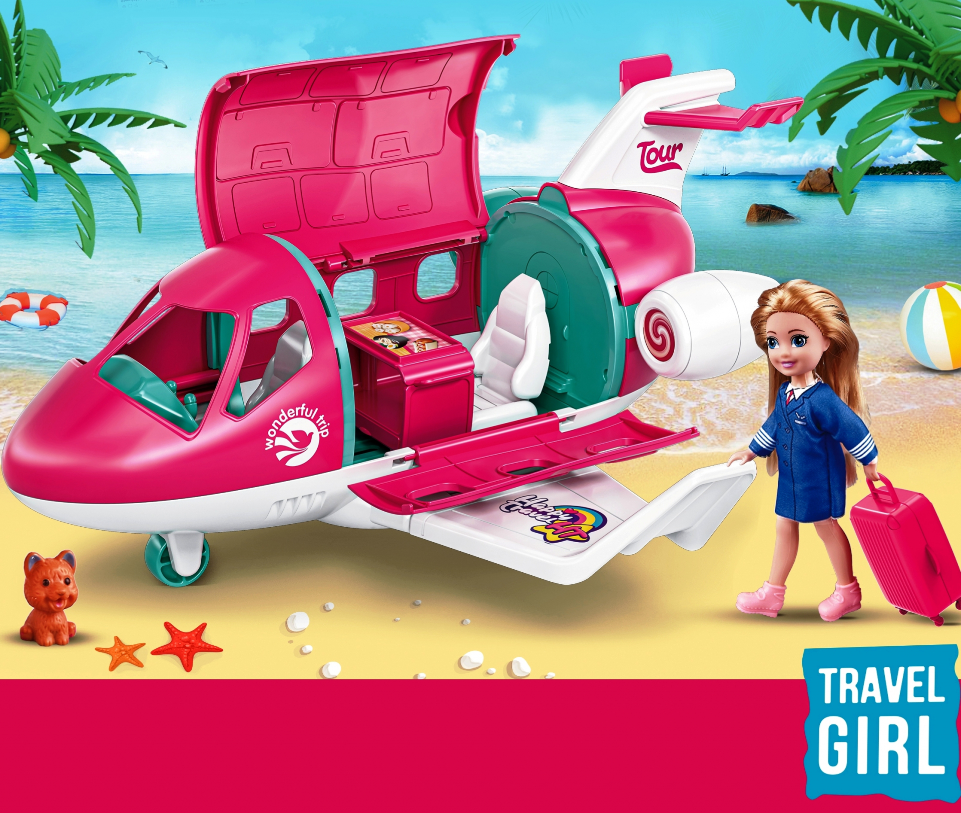 Розов самолет, отварящ, със стюардеса и аксесоари