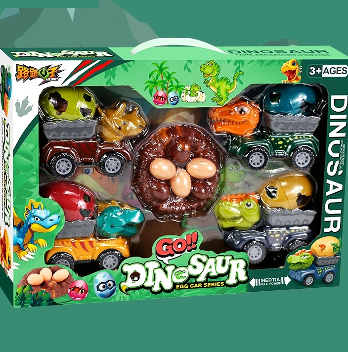 Комплект четири броя инерционни камиони динозавър с яйца и малки динозаври
