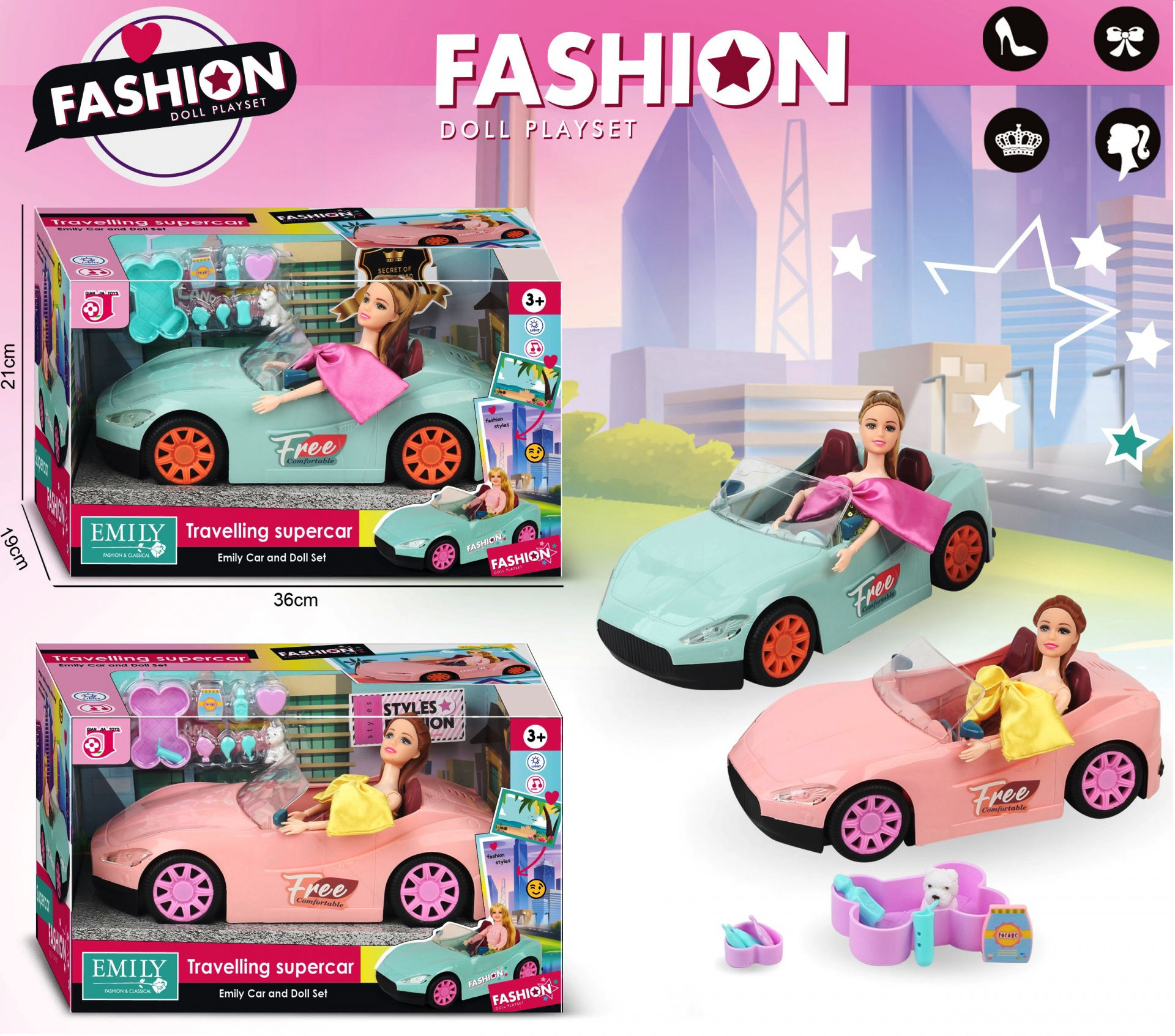 Кола кабриолет с кукла Emily и кученце с аксесоари